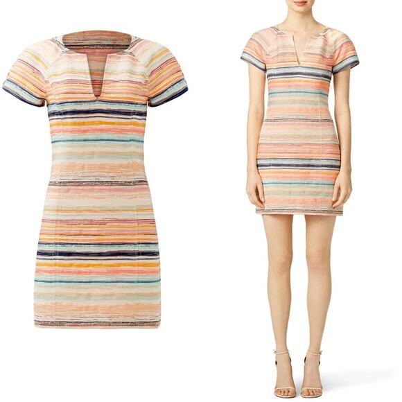 Trina Turk Angela Dress Striped Short Sleeve V-Neck Mini Sheath Multicolor 4 - Picture 1 of 11